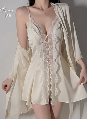 瑰若轻奢舒适缎面低胸诱惑聚拢加胸垫睡裙短裤外袍家居套装M6214