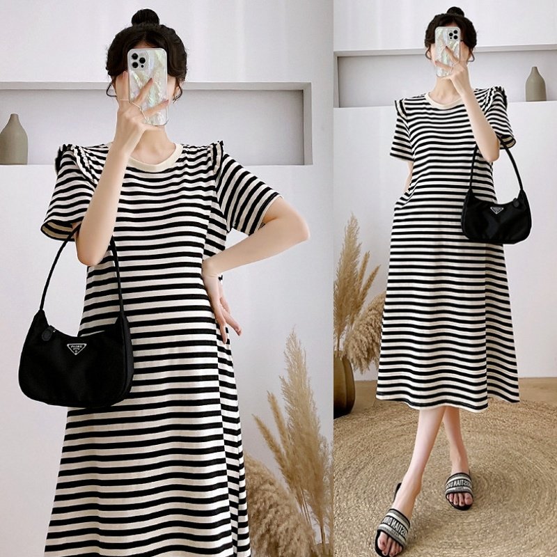 2023夏装新款韩版孕妇装显瘦中长款条纹连衣裙洋气潮妈短袖T恤裙