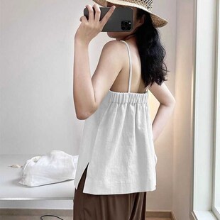夏季新款2024韩版棉麻小吊带背心宽松显瘦无袖一字领上衣外穿百搭