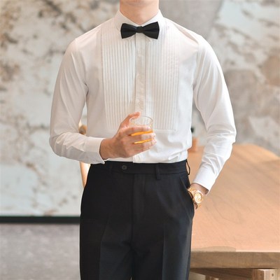 高定法式休闲商务主持宴会礼服衬衫男英伦白色长袖晚宴婚礼衬衣潮