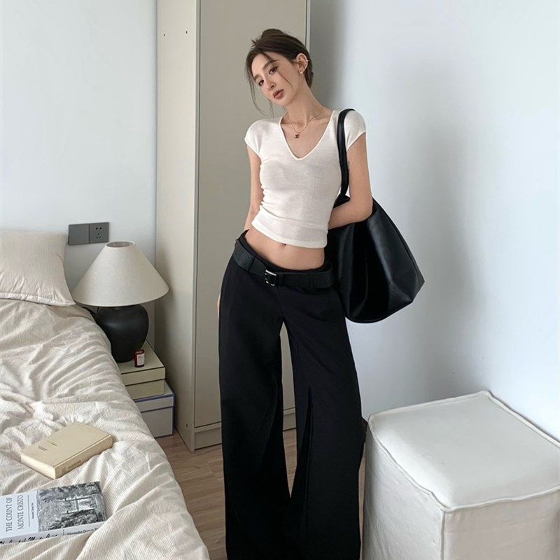 黑色休闲裤女夏辣妹低腰长裤宽松垂感直筒阔腿裤复古显瘦拖地裤子