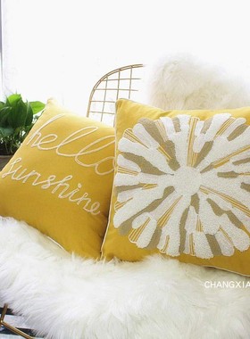 美式绣花抱枕套不含芯沙发刺绣黄色靠垫外皮客厅靠背座椅床头靠枕