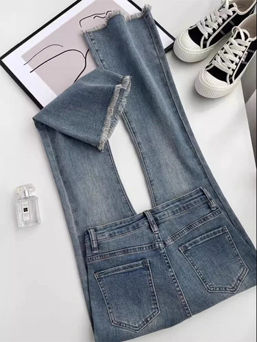 复古微喇牛仔裤女2024夏季新款高腰显瘦小个子九分毛边阔腿喇叭裤