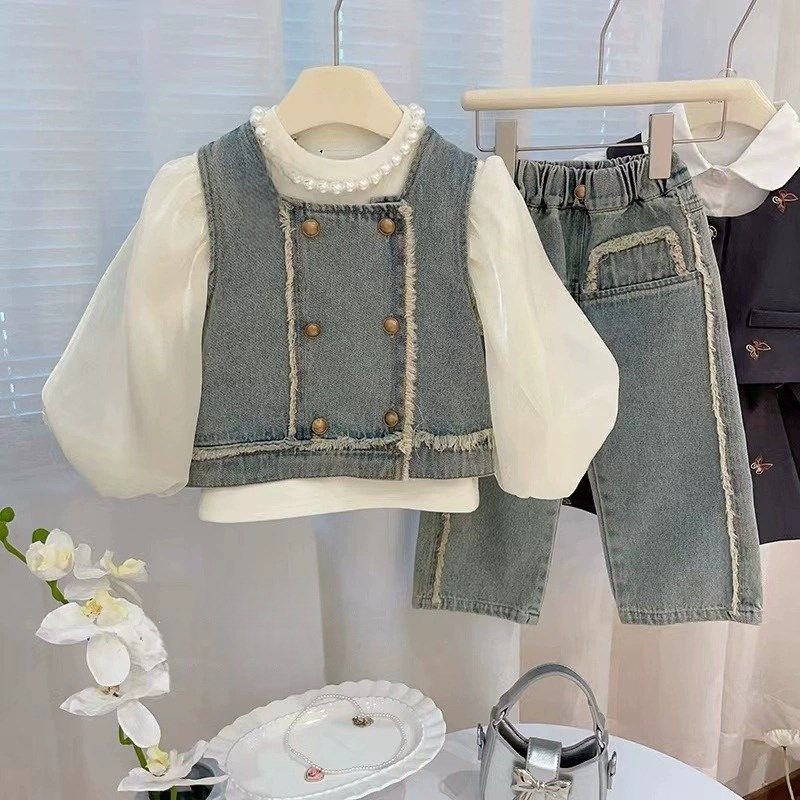 女童时髦套装春装2025新款洋气泡泡袖打底衫牛仔马甲阔腿裤三件套,童装/婴儿装/亲子装,套装,淘宝优惠券,粉丝福利购,淘宝优惠卷