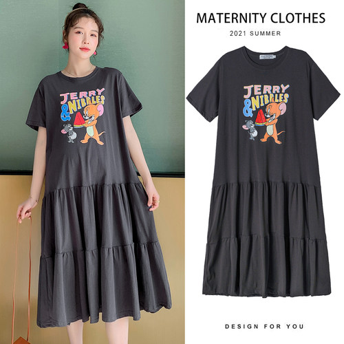 孕妇夏装上衣韩版中长款2021新款宽松纯棉外出孕妇连衣裙夏天裙子