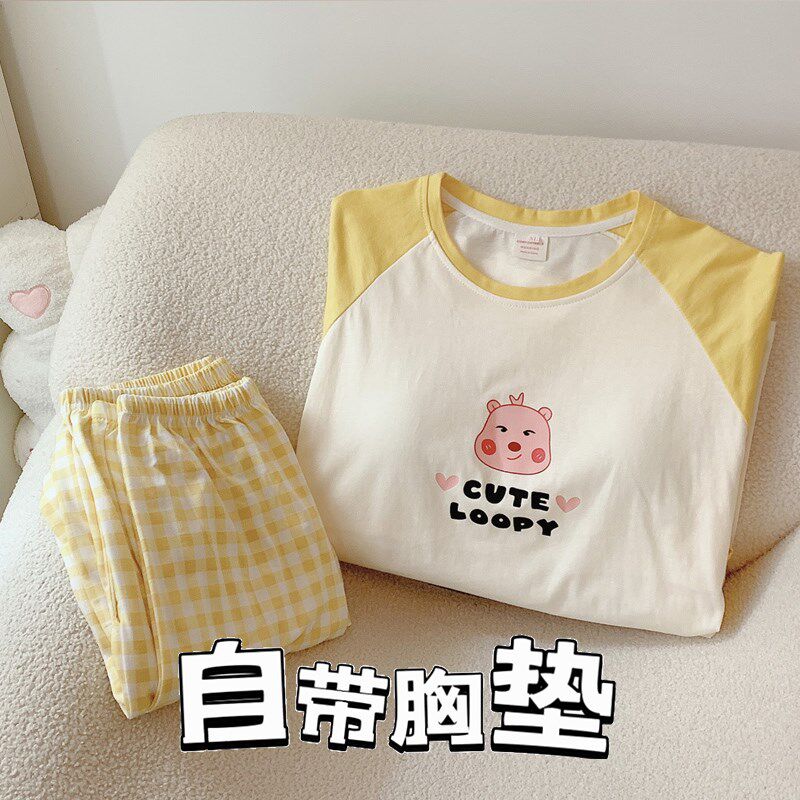 带胸垫长袖睡衣女春秋季纯棉束脚B长裤学生卡通可爱露比家居服套