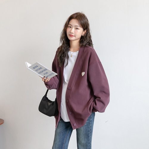 孕妇V领卫衣外套女春秋款棒球服薄款设计感宽松新款纯色开衫百搭