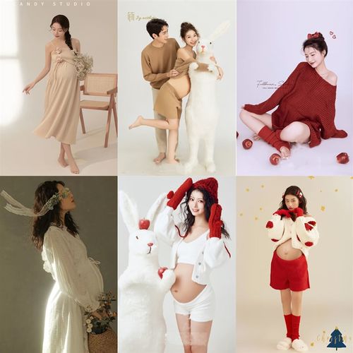 新款影楼孕妇拍照服装圣诞主题春季红色毛衣情侣套装大肚居家摄影