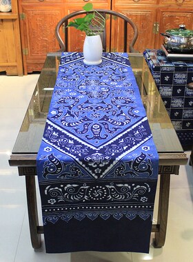 民族蜡染画桌旗蓝染花鸟鱼虫茶席棉布长条方角桌巾新中式禅意桌布
