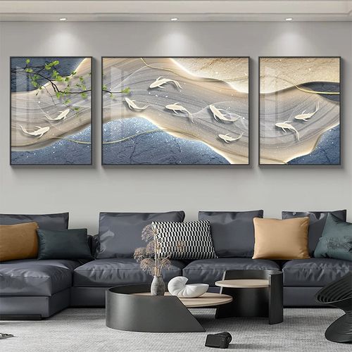 九鱼图客厅装饰画现代轻奢沙发背景墙挂画简约大气高级感三联壁画