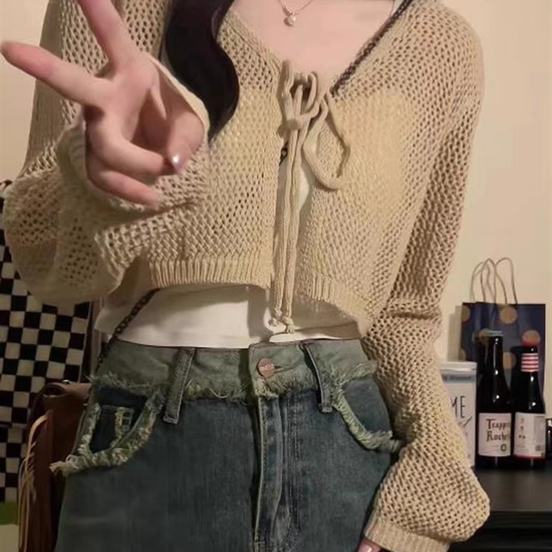 大码胖mm薄款针织防晒开衫女春夏披肩外搭罩衫小坎肩短款镂空外套