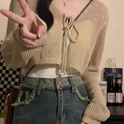 大码胖mm薄款针织防晒开衫女春夏披肩外搭罩衫小坎肩短款镂空外套