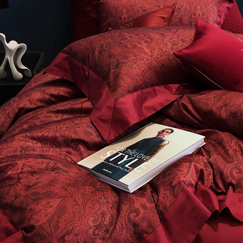高端轻奢结婚g四件套高级感被套酒红色新婚庆复古陪嫁床上用品床