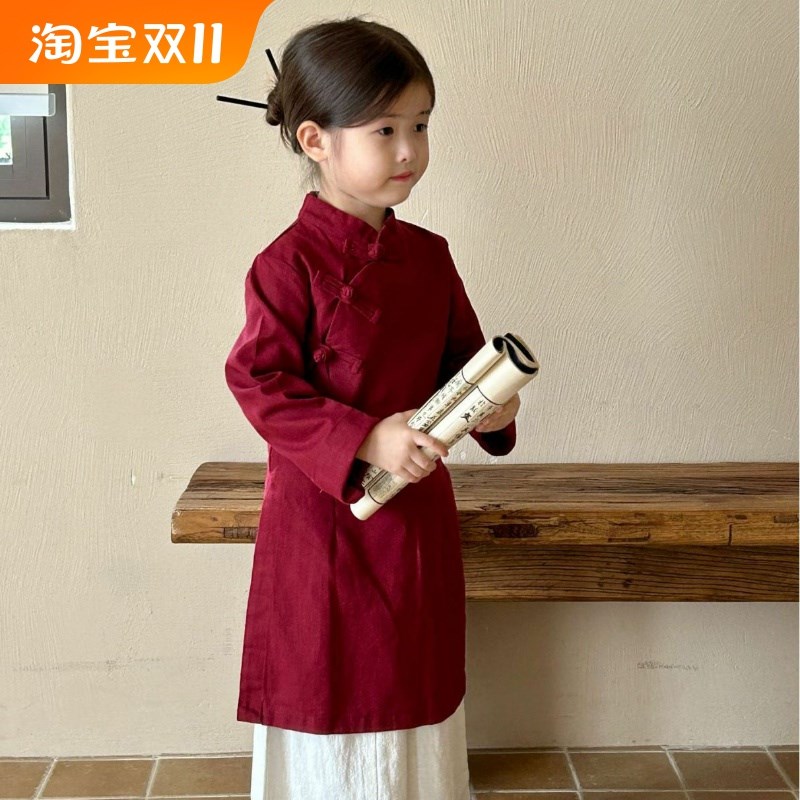 2023秋季新款童装女童中国风盘扣旗袍上衣新中式长款旗袍裙礼服