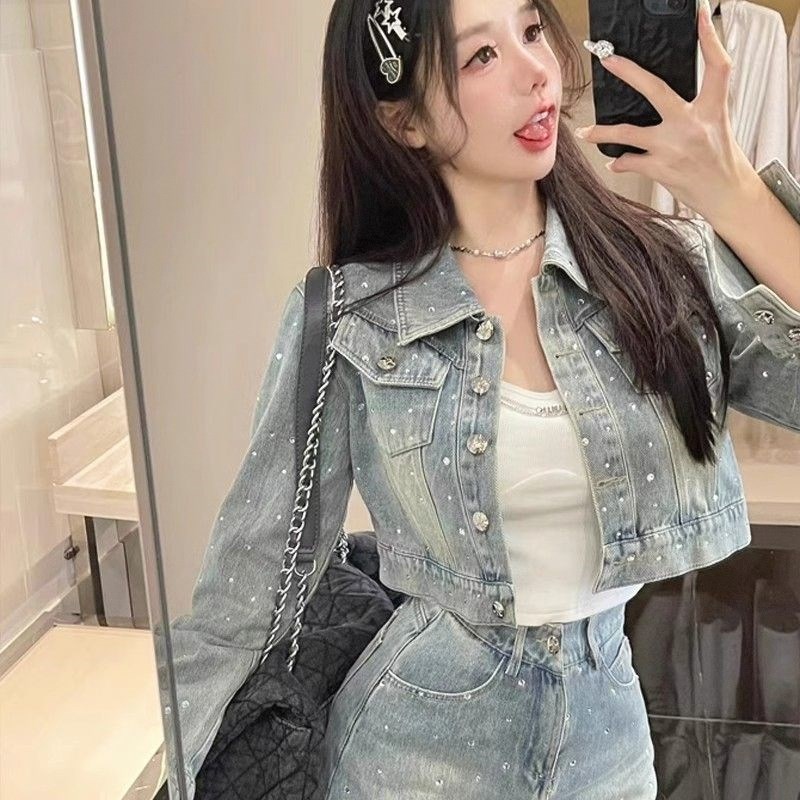 气质外套套装设计感烫钻2024牛仔女韩版裙裤短款春秋+两件套重工