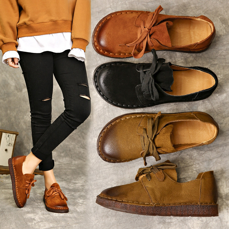 单鞋女2023春秋款复古真皮英伦风休闲舒适百P搭软底牛筋平底小皮,女鞋,深口单鞋,淘宝优惠券,粉丝福利购,淘宝优惠卷