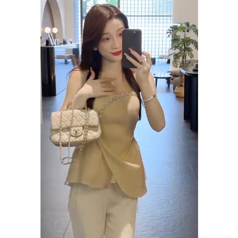不规则重工钉珠吊带背心女夏外穿设计感带胸垫高级感气质无袖上衣图片