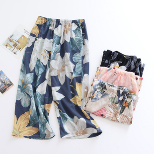 七分裤棉绸睡裤家居裤女宽松薄款睡E裤人造棉睡裤家居裤外穿防蚊