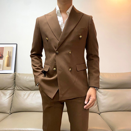 秋季新款英伦休闲双排扣西装套装男修身韩版商务正装西服两件套潮