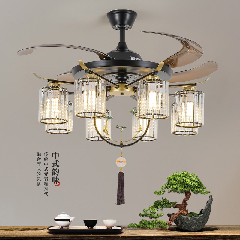 水晶新中式风扇灯隐形客厅灯扇吊灯遥控仿古中国风饭店餐馆餐厅灯