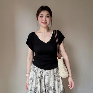 炸街半身裙子两件套装 T恤美式 搭配一整套黑色V领短袖 微胖mm夏装