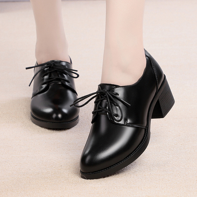秋冬黑色小皮鞋女中跟正装高跟鞋系带女鞋真皮软底粗跟单鞋工作鞋