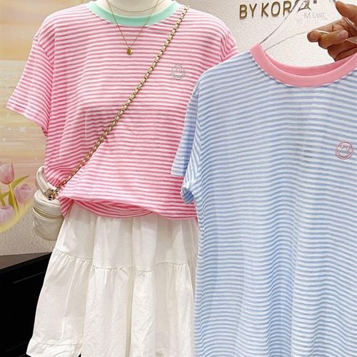 粉色减龄条纹笑脸短袖t恤女小个子夏季学生大码港味纯棉体恤上衣