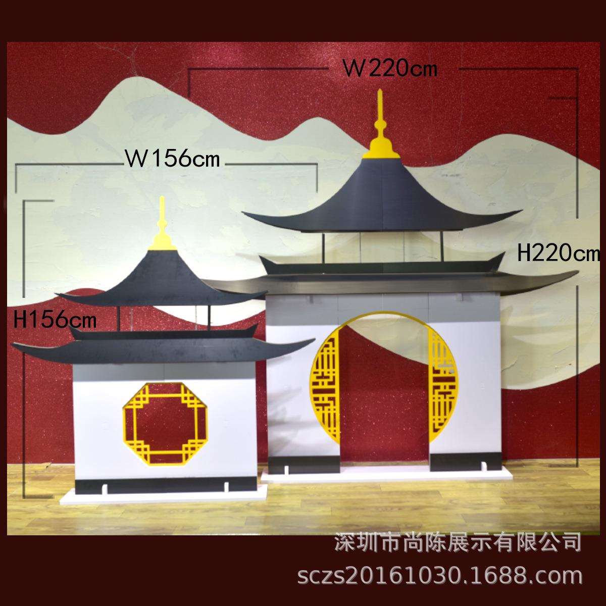 新年元旦商场店铺橱窗道具DP点美陈宫墙凉亭中国风江南园林圆门