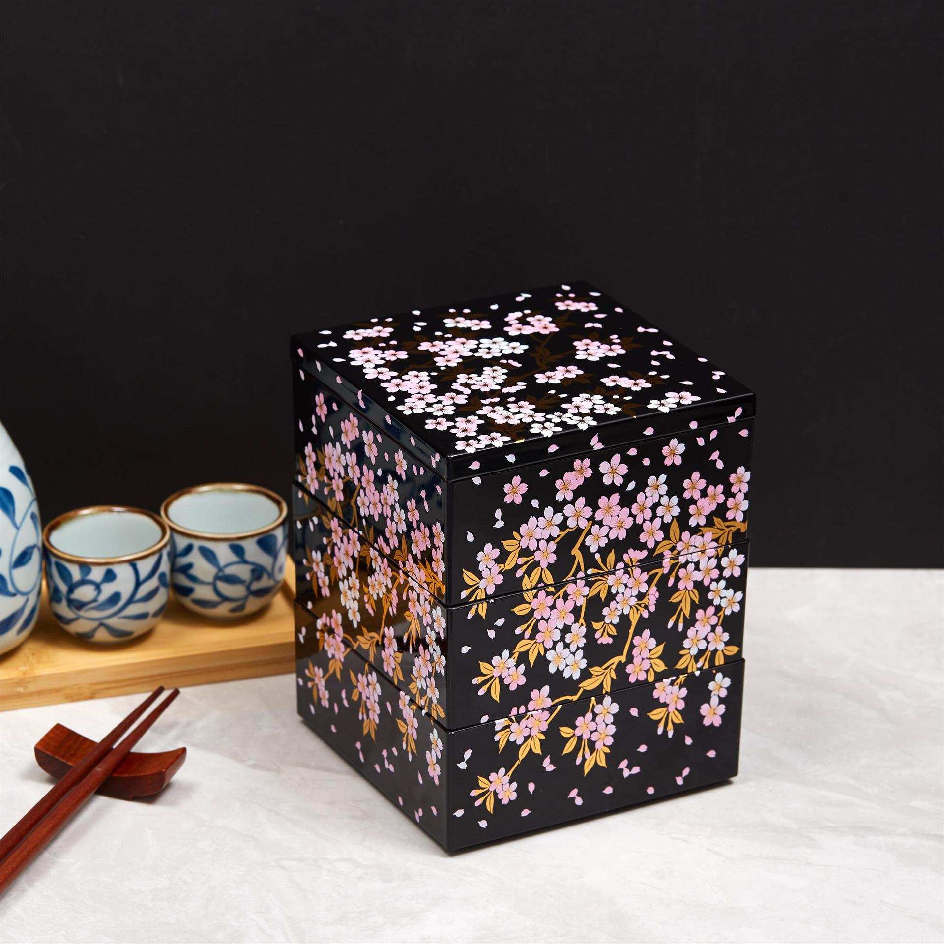 小号日式烫金花寿司盒三层便当盒精致黑红双色野餐盒