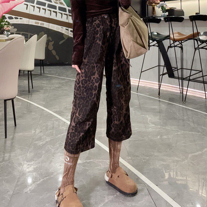 今年流行的爆款裤子女2024春季新款豹纹七分裤设计感小众洋气女裤