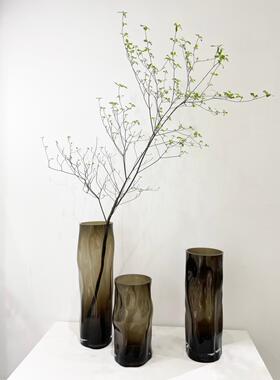 吊钟水养玻璃花瓶简约灰色渐变手工D琉璃高款插花长支干支落地花