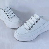 纯白 女鞋 厚底拖鞋 牛皮包头半d拖鞋 女内增高8厘米 小码 3Z3码 松糕