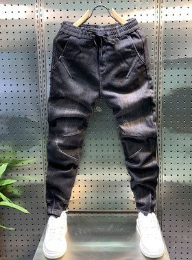 春季青年牛仔裤男修身小脚黑色百搭显瘦长裤潮牌束脚潮流弹力男裤