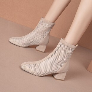 夏秋季马丁凉靴子女网纱短t靴夏季新款百搭镂空粗跟高跟凉鞋舒适