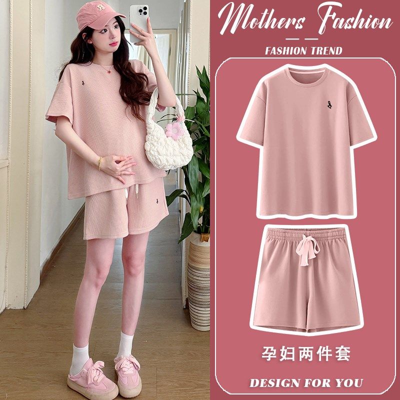 孕妇套装夏季2025新款时尚休闲运动圆领粉红色减龄上衣短裤两件套