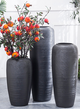 北欧创意简约黑色落地大花瓶干花装饰客厅摆件庭院禅意花器粗陶罐