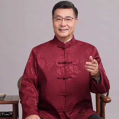 爷爷春秋装外套装中老年唐装男7080士生日过寿结婚宴会喜庆衣服装