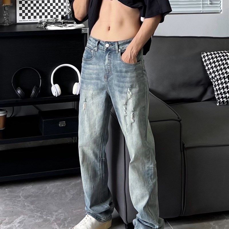 美式高街复古水洗做旧黄泥染牛仔裤男潮牌宽松直筒百搭休闲长裤秋,男装,牛仔裤,淘宝优惠券,粉丝福利购,淘宝优惠卷