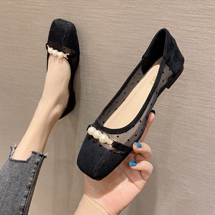 凉鞋女夏平底2021夏q款配裙子的鞋子仙女风波点网纱单鞋方头豆豆