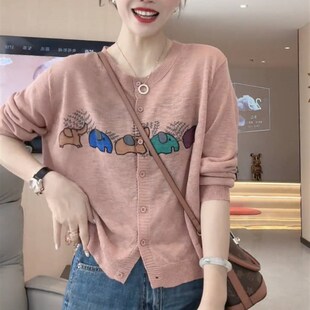 女2024春夏新款 印花冰丝针织衫 长袖 空调衫 上衣 正品 防晒衣开衫 薄款