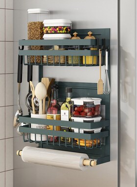 厨房黑色多d用途双层免打孔磁吸保鲜膜冰箱微波炉侧壁收纳置物架