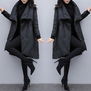 pu皮斗篷外套女装2021新款冬宽松大码中长款羽绒服女黑色显瘦加厚