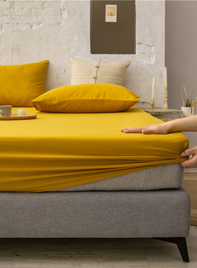 姜黄色全棉床单床笠单件纯棉长绒棉防滑固定席梦思P保护套罩1.258