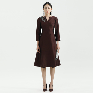 卡莉朵拉连衣裙C26C7512花卉图案高级复古低调奢华端庄礼服裙