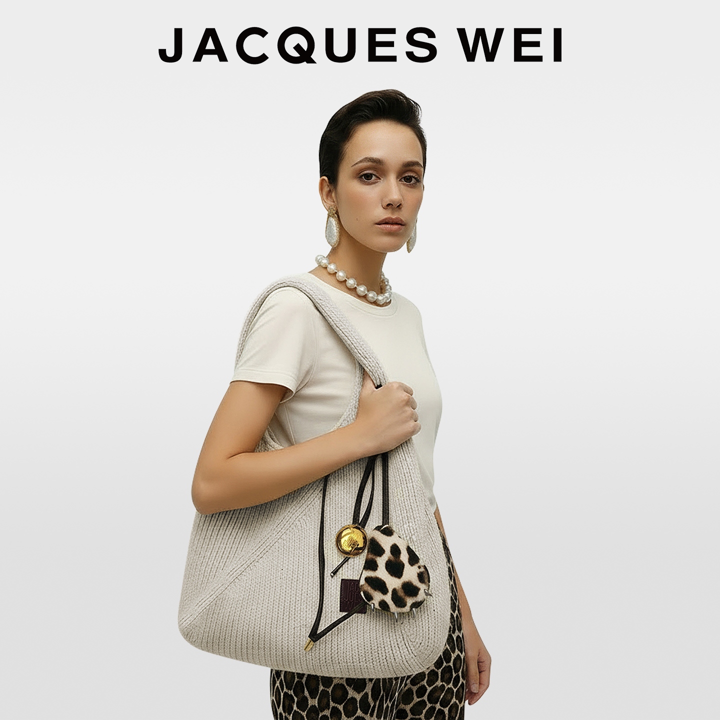 JACQUESWEI皮草挂件针织托特包女