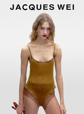 JACQUES WEI2025新款法式丝绒蕾丝花边浅卡其连体衣女款吊带背心