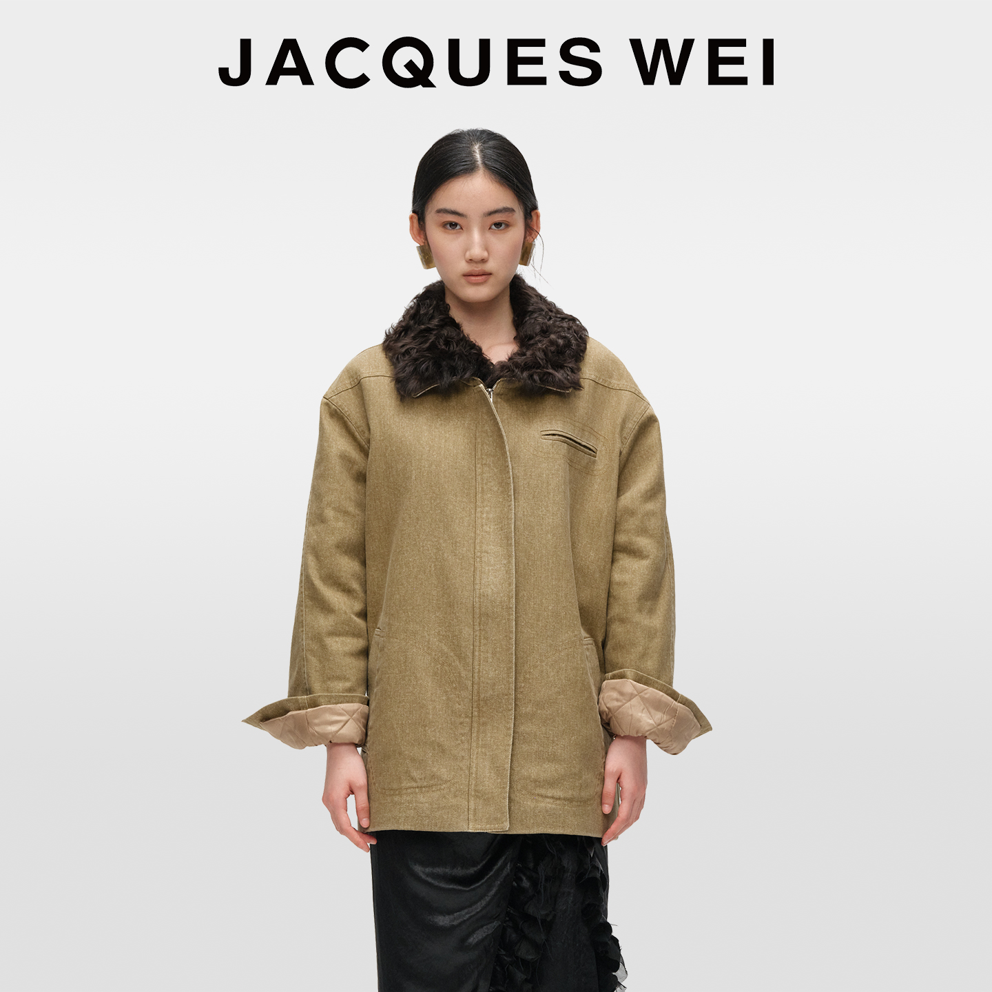 JACQUESWEI卡其棕色羊毛翻领外套