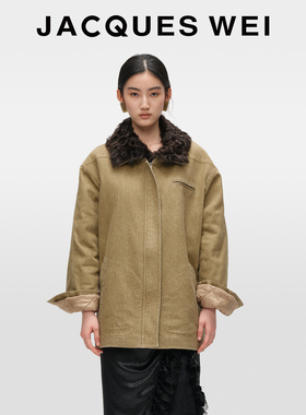 JACQUES WEI秋冬款可拆卸羊毛翻领美拉德卡其棕色简约大衣外套女
