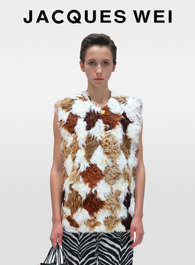 JACQUES WEI秋冬新款白棕色方格年轻款皮毛一体皮草毛茸茸马甲女