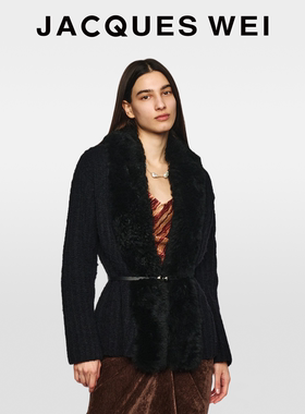 JACQUES WEI新年黑色毛领羊毛针织腰带开衫毛衣女款2026新年穿搭